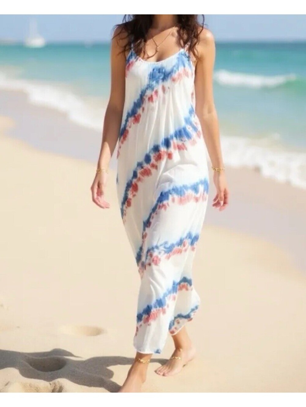 Young Fabulous & Broke Tie Dye Maxi Dress M Red White Blue Beach Resort Cruise
